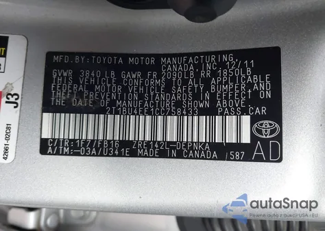 2012 Toyota Corolla Le z USA, uszkodzony, nr VIN 2T1BU4EE1CC758433